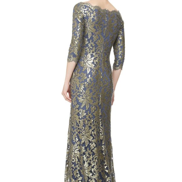 Tadashi Shoji Blue Gold Sequin Gown - Picture 2 of 9
